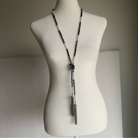 Vera Wang Jewelry - Vera Wang Silver Lariat Necklace with Blue, Grey, and Clear Beads